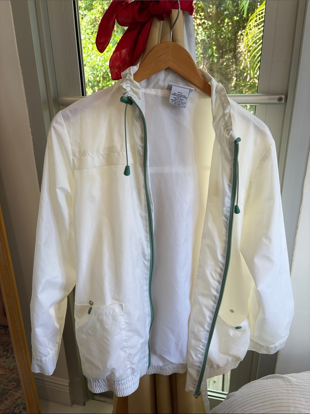 White Windbreaker Jacket with Green Trim Size Small